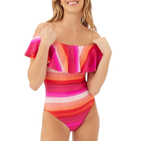 New! Trina Turk Solstice Off The Shoulder Ruffle Striped One Piece Swimsuit‎ - Picture 1 of 9
